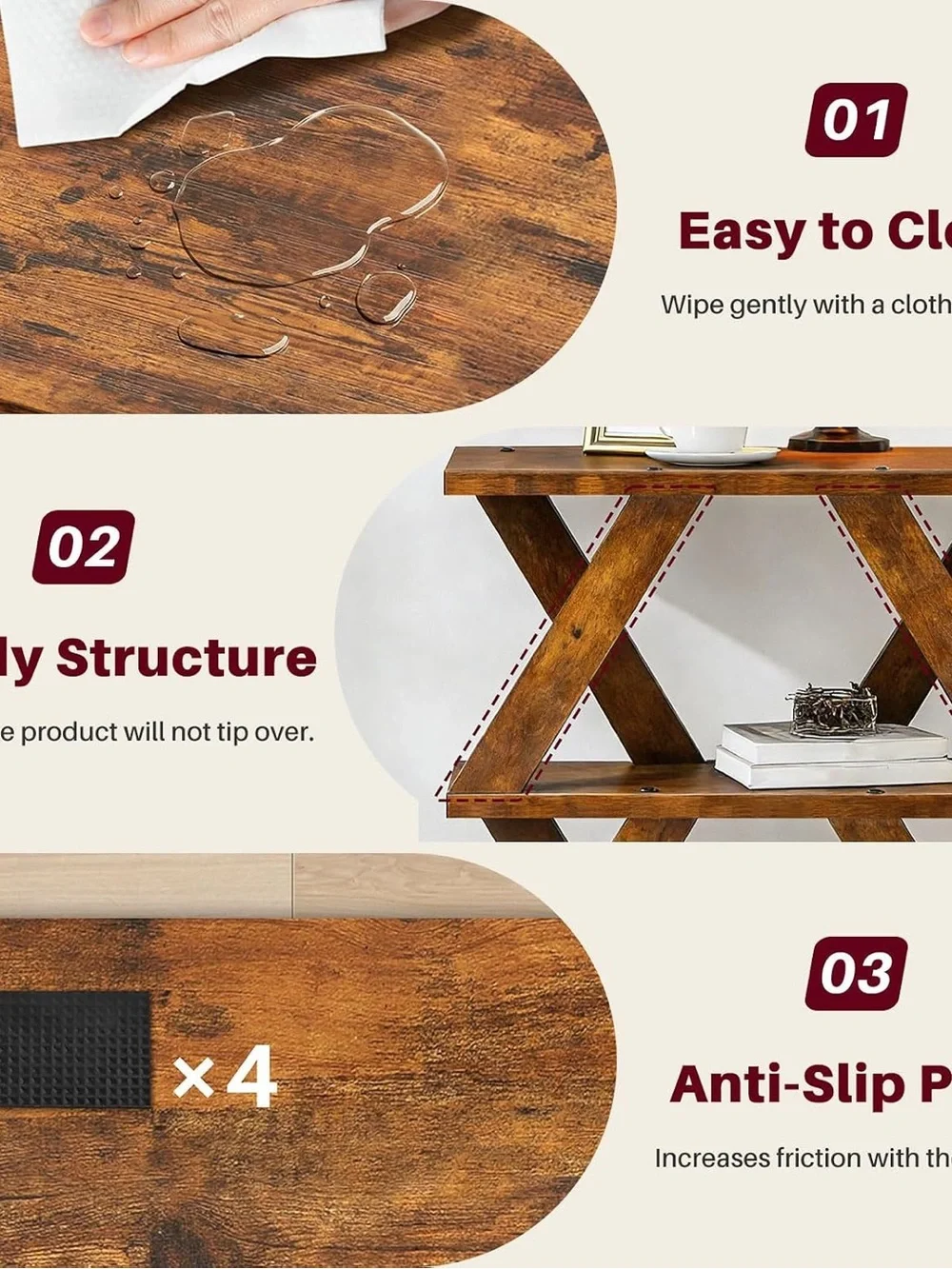Rustic Brown Wooden X-Frame Wall Shelf - Home Wall Decor